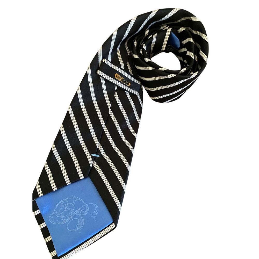 Bugatti Black White Striped Silk Neck Tie Blue Monogram Accent Mens